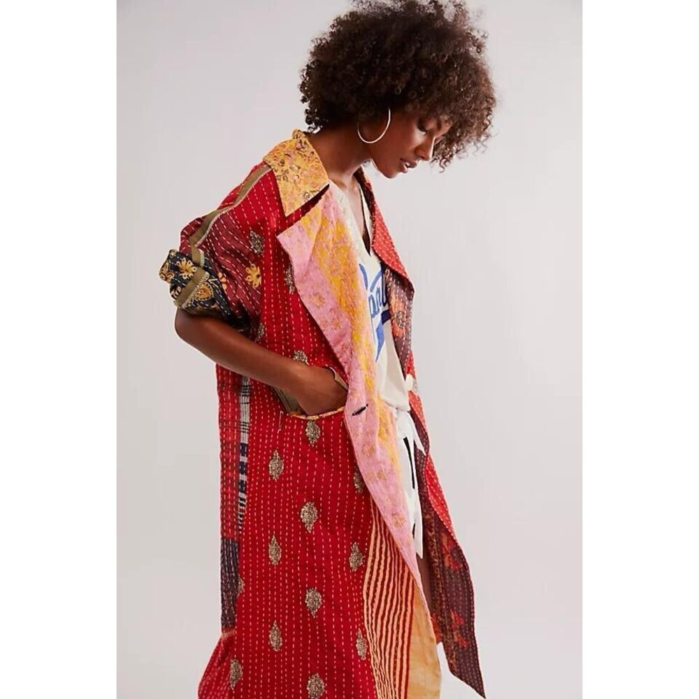 Free People Multicolor Patchwork Trench Coat - Red & Gold Accents - Picture 2 of 8